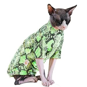 sphynx hairless cat clothes spring summer limited edition snake skin pattern cotton t-shirts elasticity turtleneck pet clothes for cat (m (6-7.7lbs), fluorescent green)
