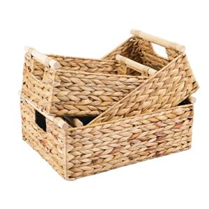 LaMorée Storage Baskets 3 PCS Hand Woven Natural Wicker Storage Bins Boxes with Wooden Handles Decorative Water Hyacinth Clothes Towel Food Container Organizer for Home Kitchen Laundry Room