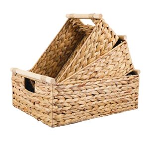 lamorée storage baskets 3 pcs hand woven natural wicker storage bins boxes with wooden handles decorative water hyacinth clothes towel food container organizer for home kitchen laundry room