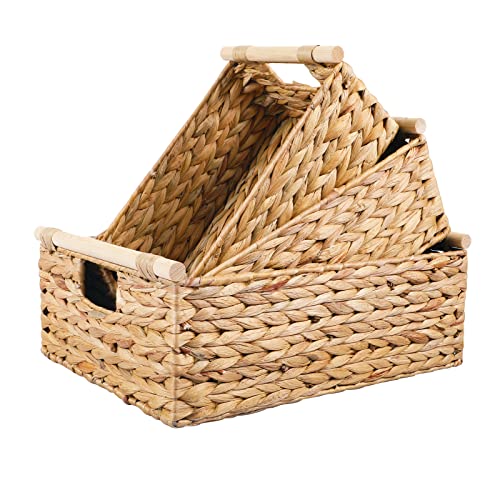 LaMorée Storage Baskets 3 PCS Hand Woven Natural Wicker Storage Bins Boxes with Wooden Handles Decorative Water Hyacinth Clothes Towel Food Container Organizer for Home Kitchen Laundry Room