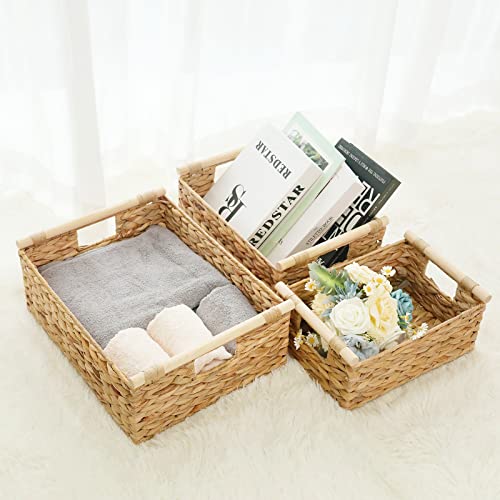 LaMorée Storage Baskets 3 PCS Hand Woven Natural Wicker Storage Bins Boxes with Wooden Handles Decorative Water Hyacinth Clothes Towel Food Container Organizer for Home Kitchen Laundry Room