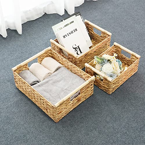 LaMorée Storage Baskets 3 PCS Hand Woven Natural Wicker Storage Bins Boxes with Wooden Handles Decorative Water Hyacinth Clothes Towel Food Container Organizer for Home Kitchen Laundry Room