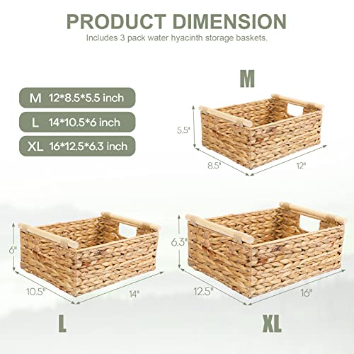 LaMorée Storage Baskets 3 PCS Hand Woven Natural Wicker Storage Bins Boxes with Wooden Handles Decorative Water Hyacinth Clothes Towel Food Container Organizer for Home Kitchen Laundry Room