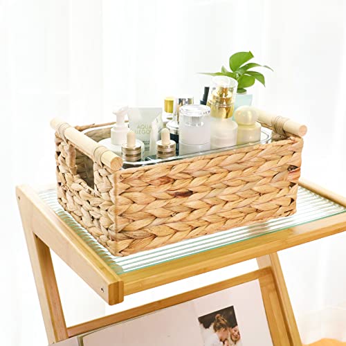 LaMorée Storage Baskets 3 PCS Hand Woven Natural Wicker Storage Bins Boxes with Wooden Handles Decorative Water Hyacinth Clothes Towel Food Container Organizer for Home Kitchen Laundry Room