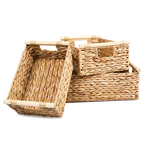 LaMorée Storage Baskets 3 PCS Hand Woven Natural Wicker Storage Bins Boxes with Wooden Handles Decorative Water Hyacinth Clothes Towel Food Container Organizer for Home Kitchen Laundry Room