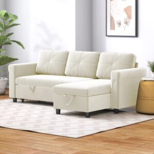 muzz reversible pull out sofa couch, sectional sofa with storage chaise 3-seat l-shaped sleeper sofa, ideal for living room, apartment and office etc. (beige)