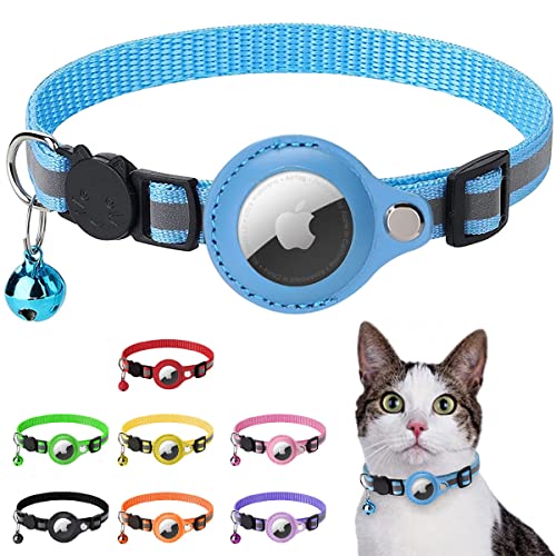 Arojore AirTag Cat Collar Reflective Adjustable Cat Collar with Air tag Holder and Bell Breakaway Buckle Lightweight for Pets Kitten, Blue One Size