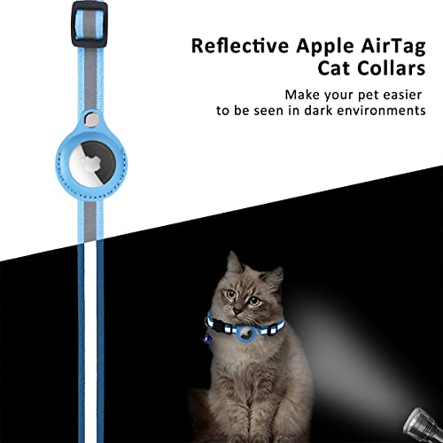 Arojore AirTag Cat Collar Reflective Adjustable Cat Collar with Air tag Holder and Bell Breakaway Buckle Lightweight for Pets Kitten, Blue One Size