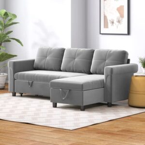 muzz reversible pull out sofa couch, sectional sofa with storage chaise 3-seat l-shaped sleeper sofa, ideal for living room, apartment and office etc. (light grey)
