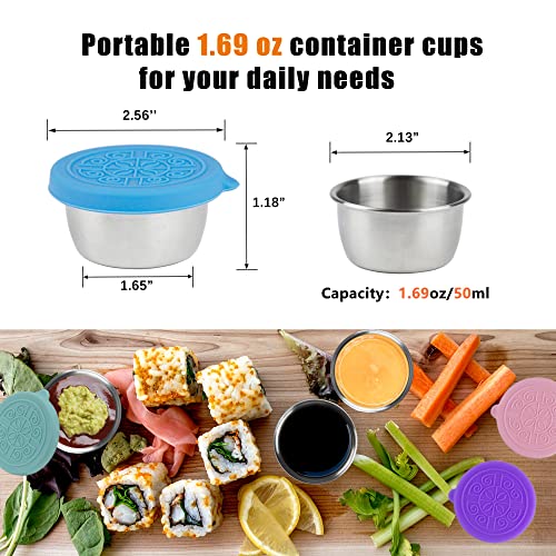 MeetUhome Salad Dressing Container To Go 6 x 1.69 oz Set, Reusable Stainless Steel Condiments Containers with Lids Mini Dips Sauce Cups for Kids Lunch Bento Box Leak-Proof Travel Small Food Storage