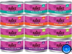 rawz natural premium canned cat wet food shredded -12 pack chicken variety bundle - 4 flavors - (chicken & duck, chicken & liver, chicken & pumpkin, chicken) with hotspot pets food bowl - (3oz cans)