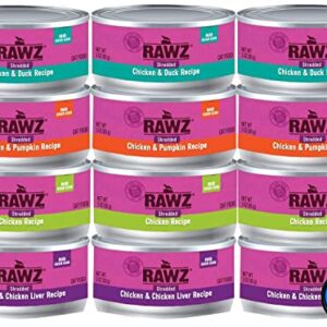 Rawz Natural Premium Canned Cat Wet Food Shredded -12 Pack Chicken Variety Bundle - 4 Flavors - (Chicken & Duck, Chicken & Liver, Chicken & Pumpkin, Chicken) with Hotspot Pets Food Bowl - (3oz Cans)