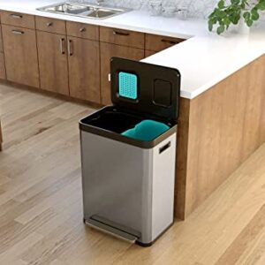 Home Zone Living 18.5 Gallon Dual Trash Can for Recycling and Trash with CleanAura Odor Control Compartment, 70 Liter Total Capacity, Silver