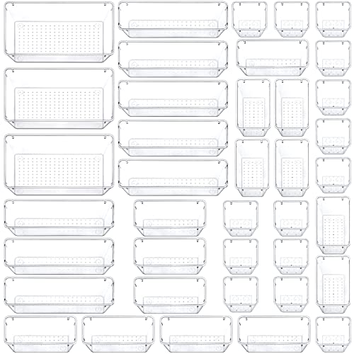 QUEFE 39 PCS Clear Drawer Organizer Set, 4-Size Plastic Drawer Organizers Trays Bathroom Organizers Dresser Storage Bins Separation Box for Makeup, Jewelries, Gadgets, Bathroom, Office, Bedroom.