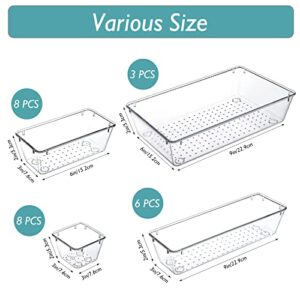 QUEFE 39 PCS Clear Drawer Organizer Set, 4-Size Plastic Drawer Organizers Trays Bathroom Organizers Dresser Storage Bins Separation Box for Makeup, Jewelries, Gadgets, Bathroom, Office, Bedroom.