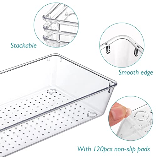 QUEFE 39 PCS Clear Drawer Organizer Set, 4-Size Plastic Drawer Organizers Trays Bathroom Organizers Dresser Storage Bins Separation Box for Makeup, Jewelries, Gadgets, Bathroom, Office, Bedroom.