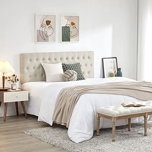 Kingfun Tbfit Tufted Upholstered Queen Size Bed Headboard in Modern Button Design, Adjustable Solid Wood Head Board, Premium Linen Fabric Padded Headboards in Bedroom (Beige, Queen)