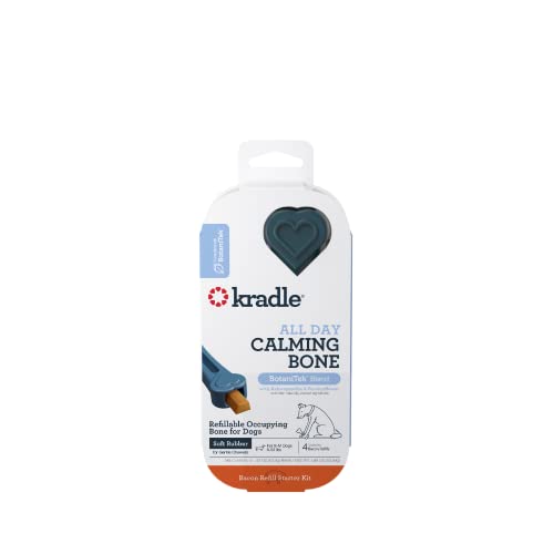 Kradle All Day Calming Bone for Gentle Chewers, 6 Inch Rubber, Refillable Occupying Bone for Dogs (4 Refills), Relief for Separation, Thunder, Car Rides, & Stress with BotaniTek Formula, Bacon Flavor