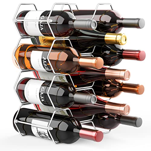 Buruis Countertop Wine Rack - 14 Bottle Wine Holder for Red White Wine Storage - Freestanding Metal Wine Rack - Small Tabletop Wine Rack - 3 Tier Modern Wine Bottle Holder (Silver)