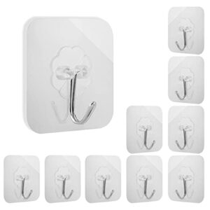 jiqgozban 10 packs wall hooks 13lbs(max) transparent reusable adhesive hooks for hanging heavy duty, waterproof and oilproof, bathroom kitchen hanging hooks