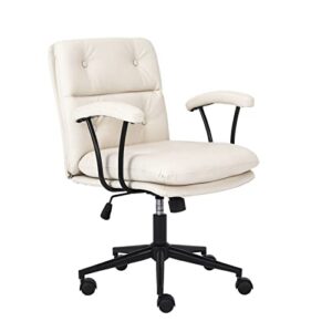 home office desk chairs pu leather ergonomic computer chair mid back executive task chair, adjustable rolling swivel vanity chair stool with padded armrest and seat cushion (beige)