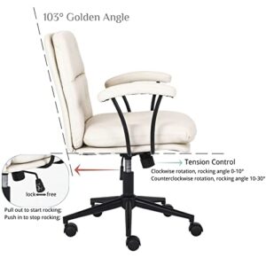 Home Office Desk Chairs PU Leather Ergonomic Computer Chair Mid Back Executive Task Chair, Adjustable Rolling Swivel Vanity Chair Stool with Padded Armrest and Seat Cushion (Beige)