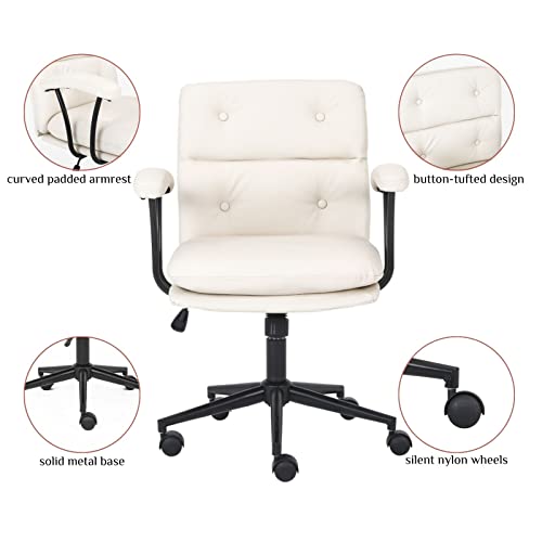 Home Office Desk Chairs PU Leather Ergonomic Computer Chair Mid Back Executive Task Chair, Adjustable Rolling Swivel Vanity Chair Stool with Padded Armrest and Seat Cushion (Beige)