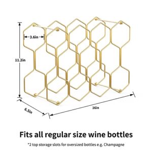 Buruis Countertop Wine Rack - 14 Bottle Wine Holder for Red White Wine Storage - Freestanding Metal Wine Rack - Small Tabletop Wine Rack - 3 Tier Modern Wine Bottle Holder (Gold)