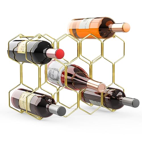 Buruis Countertop Wine Rack - 14 Bottle Wine Holder for Red White Wine Storage - Freestanding Metal Wine Rack - Small Tabletop Wine Rack - 3 Tier Modern Wine Bottle Holder (Gold)