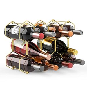 Buruis Countertop Wine Rack - 14 Bottle Wine Holder for Red White Wine Storage - Freestanding Metal Wine Rack - Small Tabletop Wine Rack - 3 Tier Modern Wine Bottle Holder (Gold)