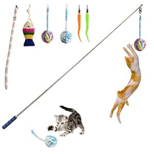 retractable cat toys wand, 7 pack super long 55.1" retractable cat wand toy ball of yarn rainbow cat string toy with feather teasers, interactive cat toys for indoors,funny exercise for kitten or cats