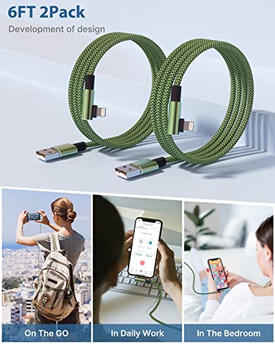 Yosou iPhone Charger 90 Degree 6FT 2Pack, Apple Certified Lightning Cable Braided Fast Charging Cord Right Angle Phone Charger iPhone Compatible with iPhone 13 12 11 Pro XR XS 10 8 7 6 6s - Green