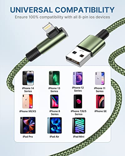 Yosou iPhone Charger 90 Degree 6FT 2Pack, Apple Certified Lightning Cable Braided Fast Charging Cord Right Angle Phone Charger iPhone Compatible with iPhone 13 12 11 Pro XR XS 10 8 7 6 6s - Green