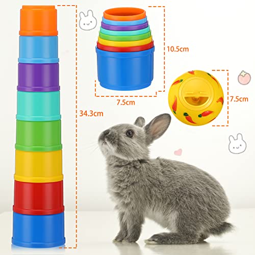 9 Pack Stack up Bunny Cups and Treat Ball for Bunny Toys Rabbit Food Dispenser Rabbit Stacking Cups Snack Ball Rabbit Toys Snack Cups Rainbow Colors Plastic Nesting Toys for Small Animals Rabbits