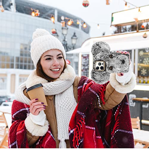 Losin for iPhone 14 Pro Case Cute Cartoon Dog Plush Fluffy Case Girls 3D Kawaii Design Soft TPU Shockproof Protective Cover Fuzzy Furry Winter Rabbit Hair Warm Fur Case for Women Girls Girly Gray