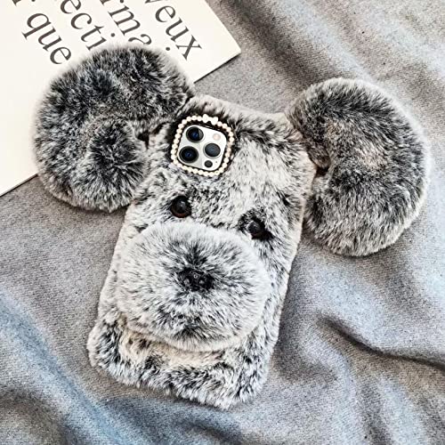 Losin for iPhone 14 Pro Case Cute Cartoon Dog Plush Fluffy Case Girls 3D Kawaii Design Soft TPU Shockproof Protective Cover Fuzzy Furry Winter Rabbit Hair Warm Fur Case for Women Girls Girly Gray