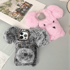 Losin for iPhone 14 Pro Case Cute Cartoon Dog Plush Fluffy Case Girls 3D Kawaii Design Soft TPU Shockproof Protective Cover Fuzzy Furry Winter Rabbit Hair Warm Fur Case for Women Girls Girly Gray