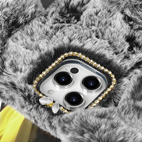 Losin for iPhone 14 Pro Case Cute Cartoon Dog Plush Fluffy Case Girls 3D Kawaii Design Soft TPU Shockproof Protective Cover Fuzzy Furry Winter Rabbit Hair Warm Fur Case for Women Girls Girly Gray