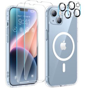 vego [5 in 1 magnetic case for iphone 14 plus 5g 6.7 inch 2022, [2 pack tempered glass screen protector +2 pack camera lens protector] yellowing resistance slim clear case for iphone 14 plus