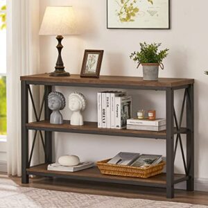 bon augure rustic console table behind couch, industrial entryway table with shelves, 3 tier sofa table for living room (47 inch, rustic oak)