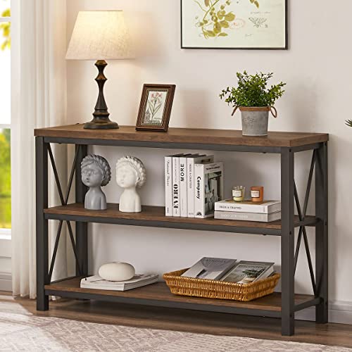 BON AUGURE Rustic Console Table Behind Couch, Industrial Entryway Table with Shelves, 3 Tier Sofa Table for Living Room (47 Inch, Rustic Oak)