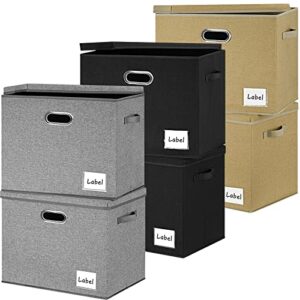 lhzk 6-pack extra large storage bins with lids 16x12x12 foldable linen fabric storage boxes with lids, decorative fabric storage bins with label & 3 handles for shelves bedroom home office