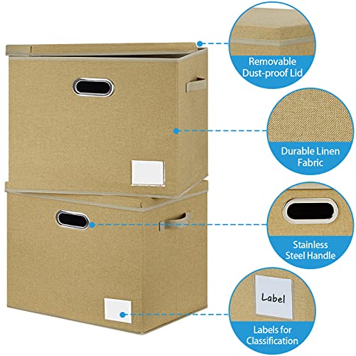 LHZK 6-Pack Extra Large Storage Bins with Lids 16x12x12 Foldable Linen Fabric Storage Boxes with Lids, Decorative Fabric Storage Bins with Label & 3 Handles for Shelves Bedroom Home Office