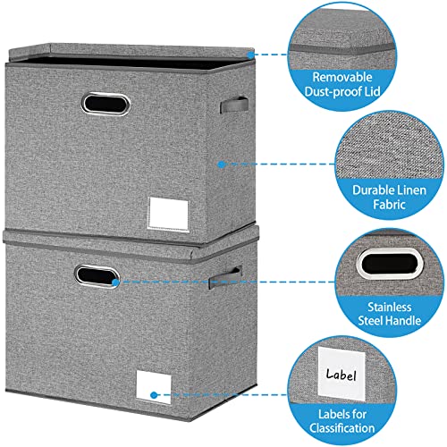 LHZK 6-Pack Extra Large Storage Bins with Lids 16x12x12 Foldable Linen Fabric Storage Boxes with Lids, Decorative Fabric Storage Bins with Label & 3 Handles for Shelves Bedroom Home Office