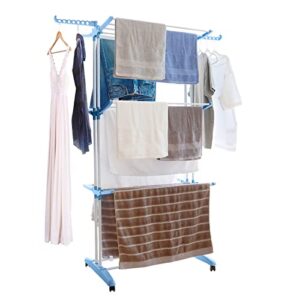 rygoal clothes drying rack, large 3-tier folding drying rack clothing, movable laundry drying rack with 24 drying poles, 14 hanging holes & 4 wheels, multifunctional drying rack indoor outdoor