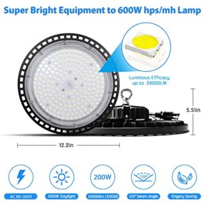 KIWIVIC 2Pack 200W LED High Bay Light - 28,000lm(140LM/W), 5000K Daylight[600W MH/HPS Equiv.] with US Plug 5ft Cable LED Shop Lights