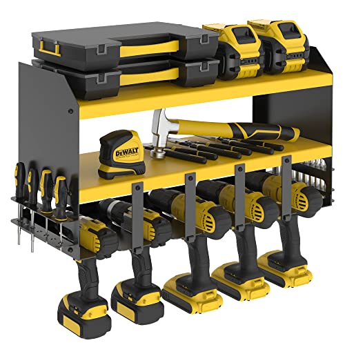 S SKSTYLE Power Tool Organizer - 5 Drill Holder, Wall Mount Shelf, Drill Shelf, Tool Shelf, Jobber Bit Workshop Rack - Premium Garage Storage & Organization, Cordless Drill Charging Station, Yellow