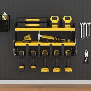 S SKSTYLE Power Tool Organizer - 5 Drill Holder, Wall Mount Shelf, Drill Shelf, Tool Shelf, Jobber Bit Workshop Rack - Premium Garage Storage & Organization, Cordless Drill Charging Station, Yellow