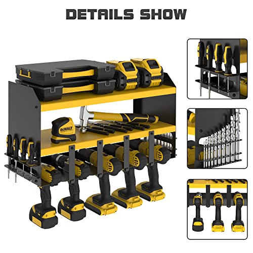 S SKSTYLE Power Tool Organizer - 5 Drill Holder, Wall Mount Shelf, Drill Shelf, Tool Shelf, Jobber Bit Workshop Rack - Premium Garage Storage & Organization, Cordless Drill Charging Station, Yellow