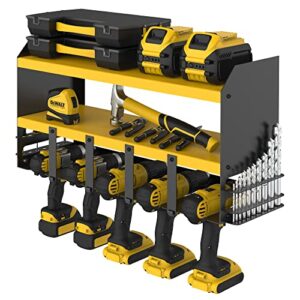 S SKSTYLE Power Tool Organizer - 5 Drill Holder, Wall Mount Shelf, Drill Shelf, Tool Shelf, Jobber Bit Workshop Rack - Premium Garage Storage & Organization, Cordless Drill Charging Station, Yellow